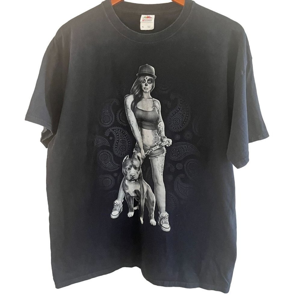 Fruit Of The Loom Shirt Mens XL‎ EG Black Skull Face Girl Pitbull Dog Tattoo